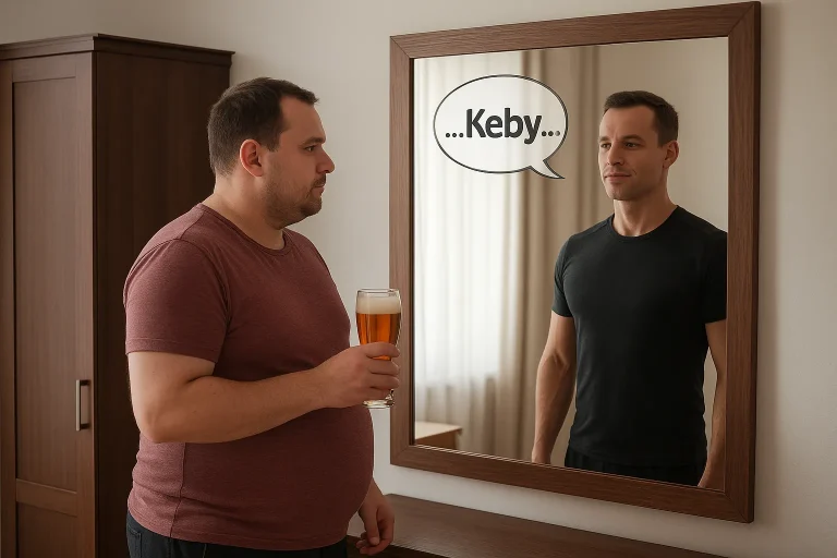 Muž s pivom pozerá do zrkadla, kde vidí svoju vysportovanú verziu, nad hlavou má bublinu s textom „Keby“.
