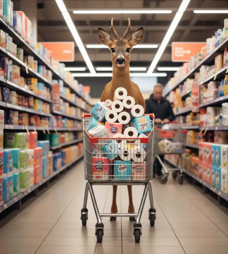 Jeleň v supermarkete tlačí vozík plný toaletného papiera – humorný symbol ľudskej závislosti na čistote, ktorú zvieratá vôbec neriešia.