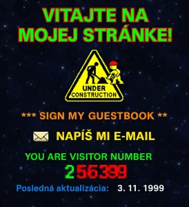 Farebný retro web v štýle 90. rokov s uvítaním, GIF ikonami a počítadlom návštevníkov.