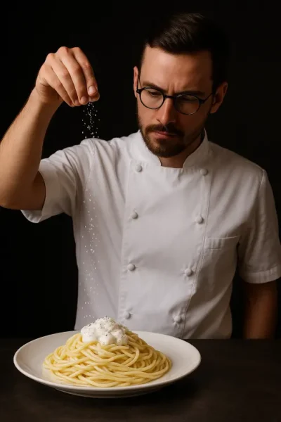 Kuchár sústredene solí spaghetti s kyslou smotanou na tmavom pozadí