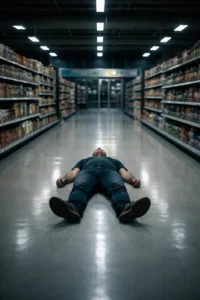 Muž leží na zemi v prázdnom supermarkete, symbol života na autopilota a NPC správania