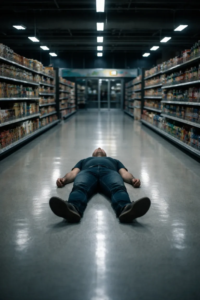 Muž leží na zemi v prázdnom supermarkete, symbol života na autopilota a NPC správania