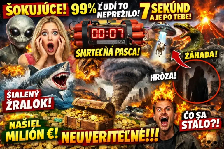 Parodická koláž plná clickbaitových prvkov: šokované tváre, mimozemšťan, žralok, peniaze a texty ako "ŠOKUJÚCE!" a "NEUVERITEĽNÉ!!!", ilustrujúca tému článku o clickbaite.
