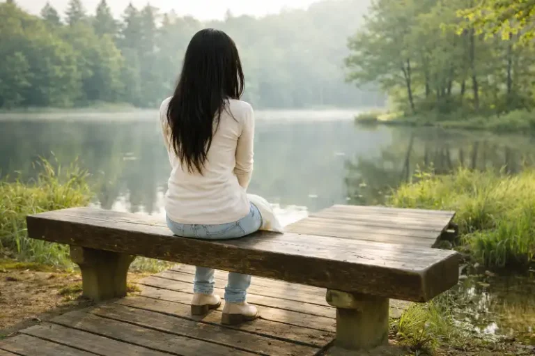 Introvertná žena sedí sama na lavičke pri jazere v pokojnej prírode.