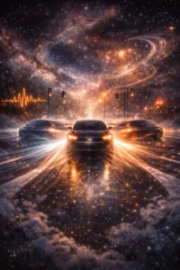 Auto na križovatke sa rozdvojuje do troch smerov v kozmickej atmosfére ako metafora ega v stave superpozície bez smerovky.