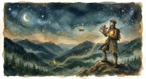 Akvarelová ilustrácia muža (Štefánika) s hviezdarským prístrojom na vrchole hory, pod ktorou sa v noci rozprestiera malá krajinka a nad ktorou letí historické lietadlo pod hviezdnou oblohou.