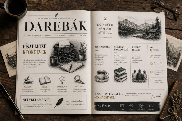 Otvorený časopis Darebák na drevenom stole s ilustráciami a výzvou, že písať môže ktokoľvek